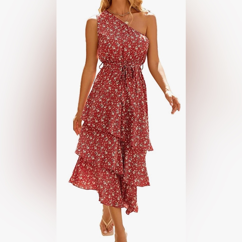 Red Floral One-Shoulder Ruffle Belted Midi Dress